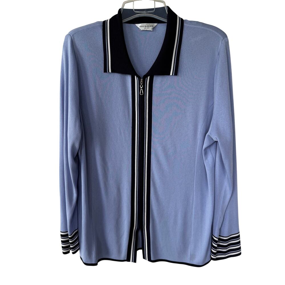 Misook full-zip front cardigan lavender blue color black white trim Size 1X